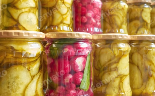 Preview: Close up photo of organic pickled cucumber slices and radish in glass jars, selective focus.