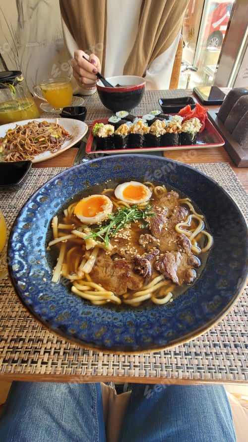Preview: Ramen and Sushi Plated and Ready to Eat
