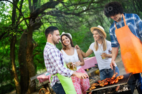 Preview: Friends having a barbecue party in nature while having fun