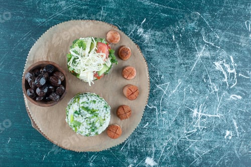 Preview: Snack board with salad and sausages on blue background