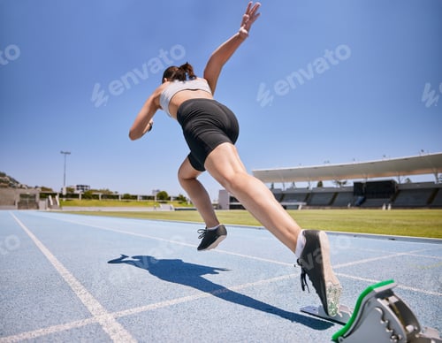 Preview: Woman track runner, running and sprint training for race exercise, fitness workout and using starti
