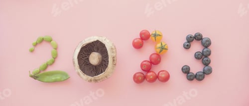 Preview: 2023 made from healthy food, New year health resolution, diet goal plan and wellness concept