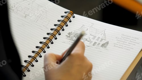 Preview: Male hands drawing pictures in notebook, close up