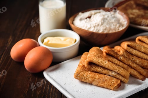 Preview: Russian pancakes blini with ingredients