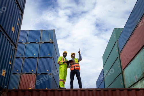 Preview: Foreman or worker work at Container cargo site check up goods in container.