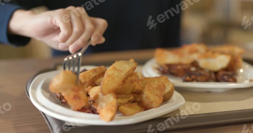 Preview: Woman eating Fried potato wedges in restaurant