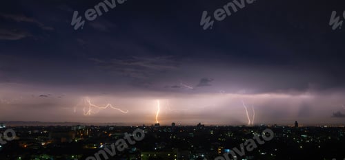 Preview: Realistic lightning in city at night background. Electricity. Natural light effect. Thunder