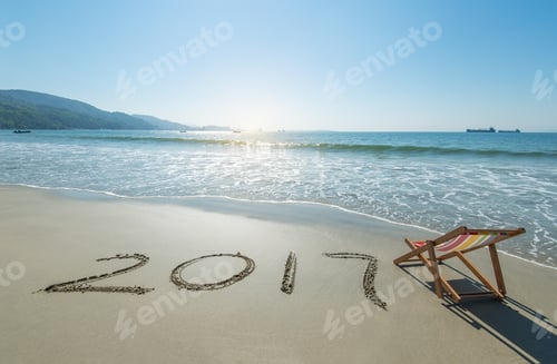 Preview: 2017 Written In Sand Write On Tropical Beach With Deck Chair.