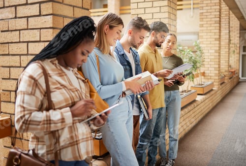 Preview: University, lobby and diversity, group of students standing in row together with books and tablet b
