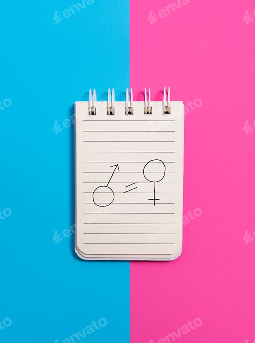 Preview: The concept of gender equality. Notebook with female and male symbols on a blue and pink background