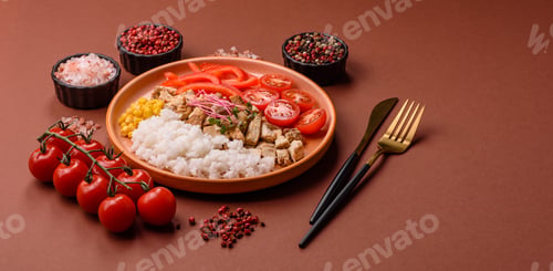 Preview: Bowl with chicken pieces, rice, tomatoes, peppers and microgreens. Bowl with chicken