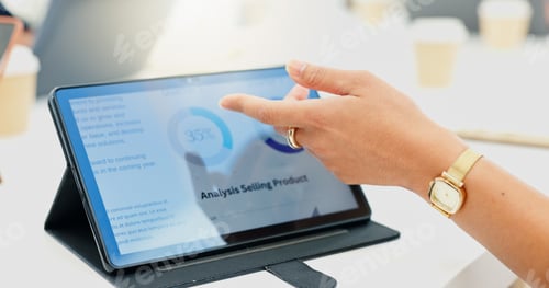 Preview: Hand, business and person with tablet screen in office, analysis selling product and sales performa