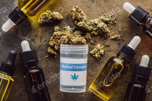 Preview: Top View of Medical Marijuana Buds Near Container And Bottles With Hemp Oil on Marble Surface