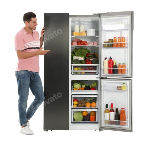 Preview: Man near open refrigerator on white background