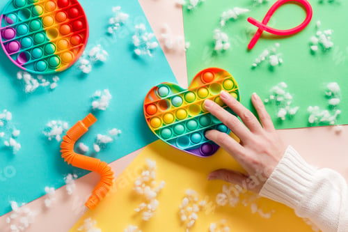 Preview: Women's hands press on a silicone rainbow antistress toy in the shape of a heart and other toys