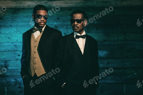 Preview: Two Vintage African American Gangsters In Front Of Old Wooden Wall. Wearing Black Sunglasses And