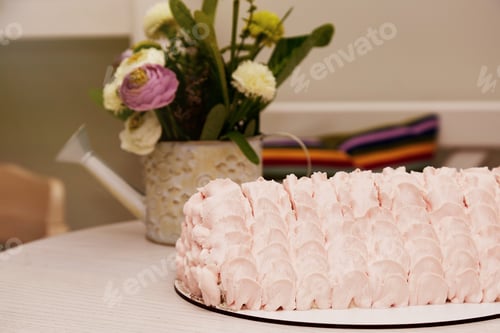Preview: Pink cherry pie cake Festive tender cake. Holidays cake.