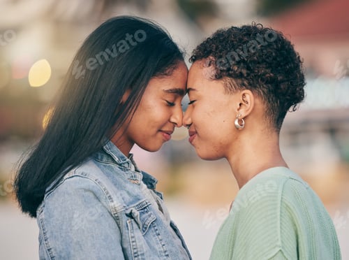 Preview: Lesbian, love and intimate couple outdoor, bonding and romance on date together. Happy, gay women a