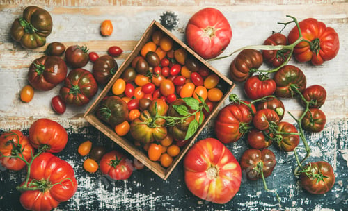 Preview: Flat -lay of fresh colorful tomatoes, top view