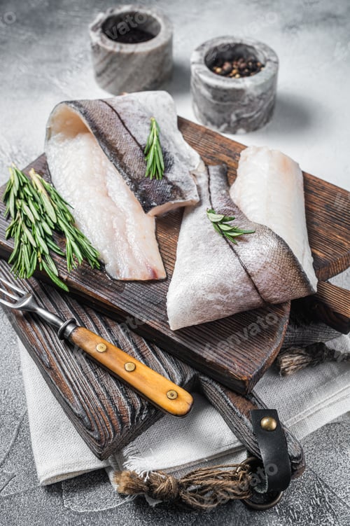 Preview: Haddock fish fillet, raw seafood meat on wooden board with herbs. White background. Top view