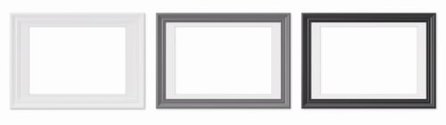 Preview: Set of horizontal picture frames, isolated on white background. White, gray and black frames