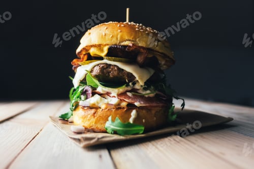 Preview: Appetizing cheeseburger on wooden table.