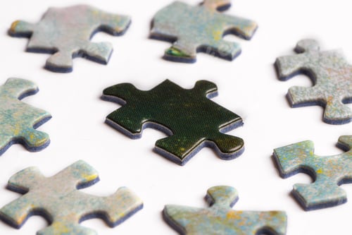 Preview: Black puzzle piece surrounded by white pieces.
