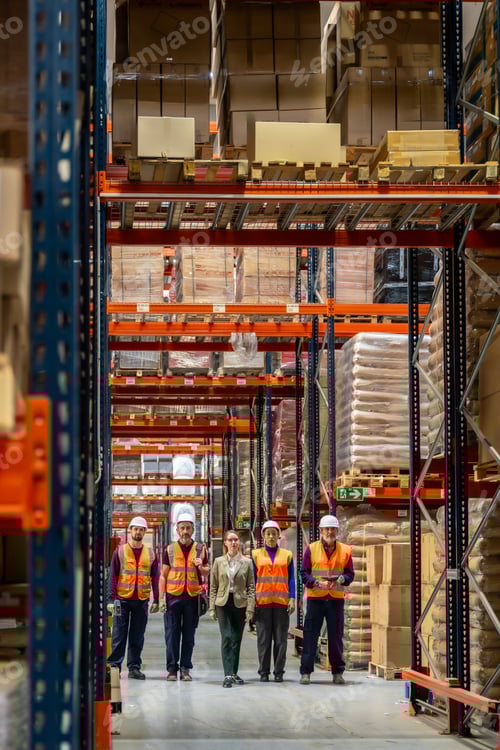 Preview: Logistics team smiling in distribution warehouse