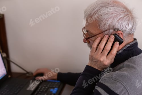 Preview: sad old man on phone . casual lifestyle with digital technology of older or senior guy concept. Urba