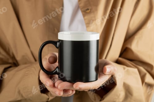 Preview: Black coffee mug mockup for design demonstration. Stylish cup mock up in female hands.