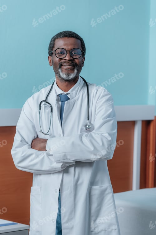 Preview: smiling african american doctor in white coat with stethoscope