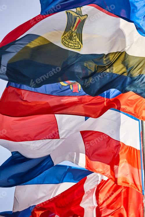 Preview: Flags of the word waving in the wind. Nation emblems