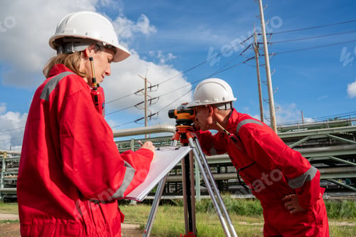Preview: Team survey construction engineer with safety jacket use level survey camera.