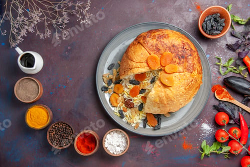 Preview: top view delicious shakh plov with raisins and seasonings on the dark desk dough meal cooking dinner
