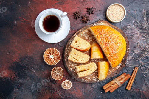 Preview: top view yummy sweet pastry with cup of tea on dark background cake dough pie