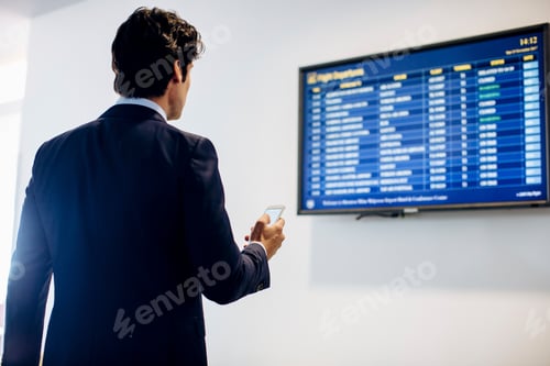 Preview: Businessman checking the flight schedule at the airport.