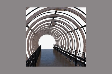 Preview: Curved walkway with zigzag metal beam ceiling