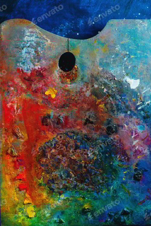 Preview: Oil paint palette texture from above. Creative occupation concept. Flat lay with copy space.