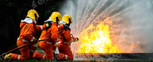 Preview: Firefighter Concept. Fireman using water and extinguisher to fighting with fire flame.