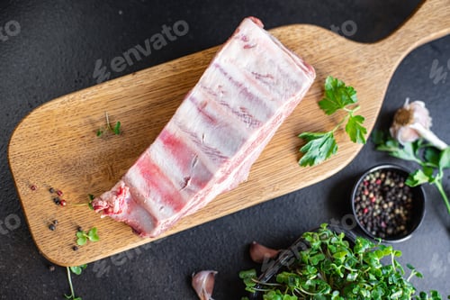 Preview: Ribs Raw Pork Meat On The Bone Beef Or Lamb Snack Trend Meal Copy Space Food Background Rustic. Top