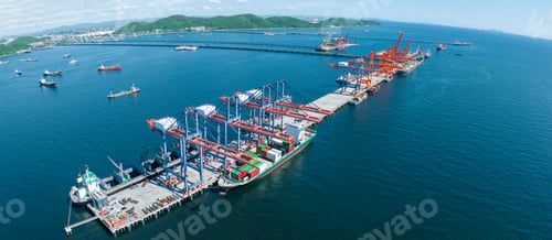 Preview: Cargo container Ship running on Bridge Cargo Shipyard. Container ship under the crane