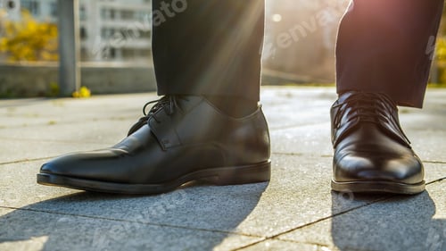 Preview: Close-up view to the businessman in a black new classic shoes outdoors. Legs of a businessman.