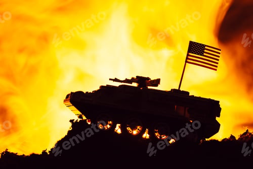 Preview: Battle scene with american flag on toy tank and fire at background