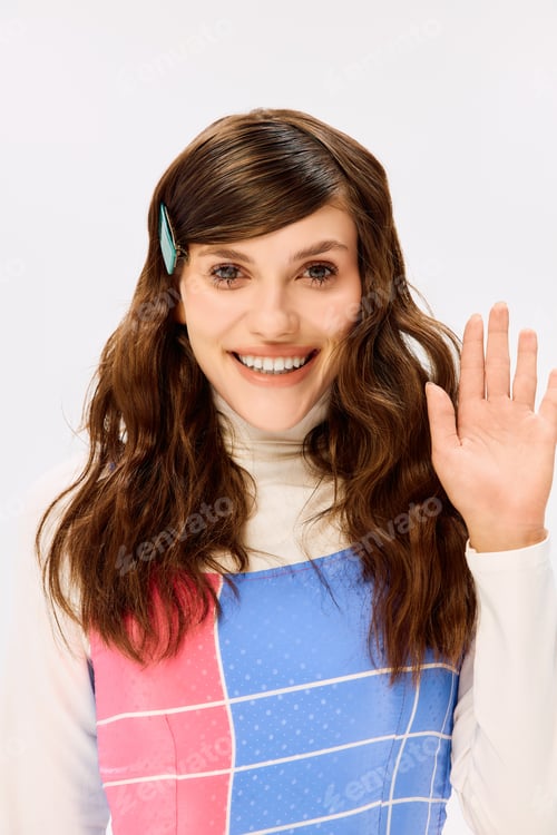 Preview: Vibrant fashion statement from a beautiful young woman with a warm smile greeting the audience