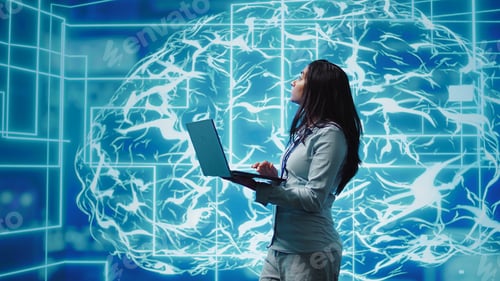 Preview: Software developer solving tasks on laptop, running artificial intelligence