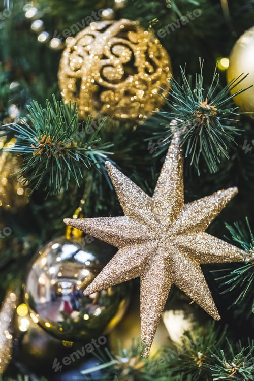 Preview: Decoration of the Christmas tree in the form of shiny gold stars, New Year mood