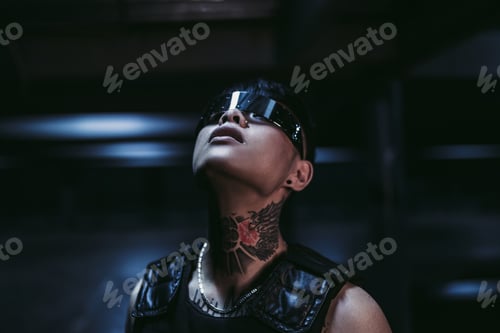 Preview: Cyberpunk style. Tattooed guy in one city. Cyber glasses.