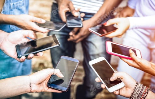 Preview: Friends group having addicted fun together using smartphones