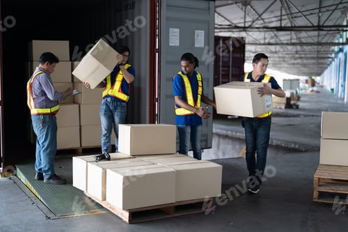 Preview: Workers open steel 40 feet container doors carry box supervisor standing check paper checklist