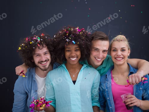 Preview: confetti party multiethnic group of people isolated over gray